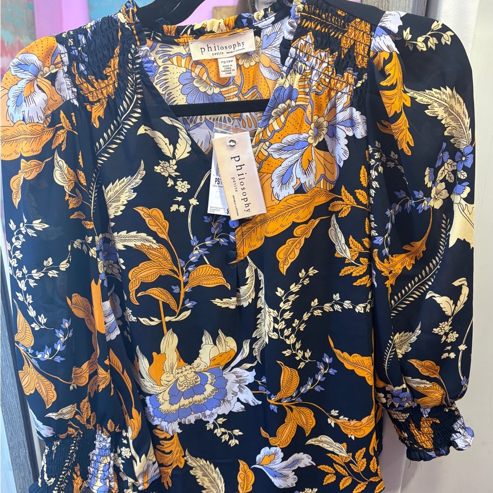 Philosophy Navy Floral Puff-Sleeve Top with Yellow & Lilac Blooms